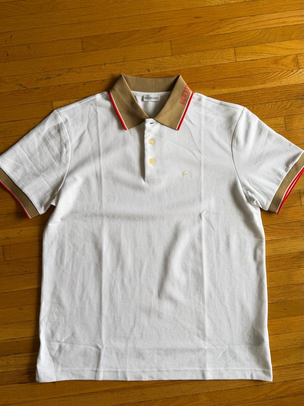 Burberry White Polo with Tan Collar and Red Piping